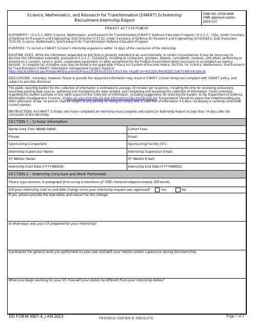 DD Form 3067-4 Science, Mathematics, and Research for Transformation (Smart) Scholarship Recruitment Internship Report