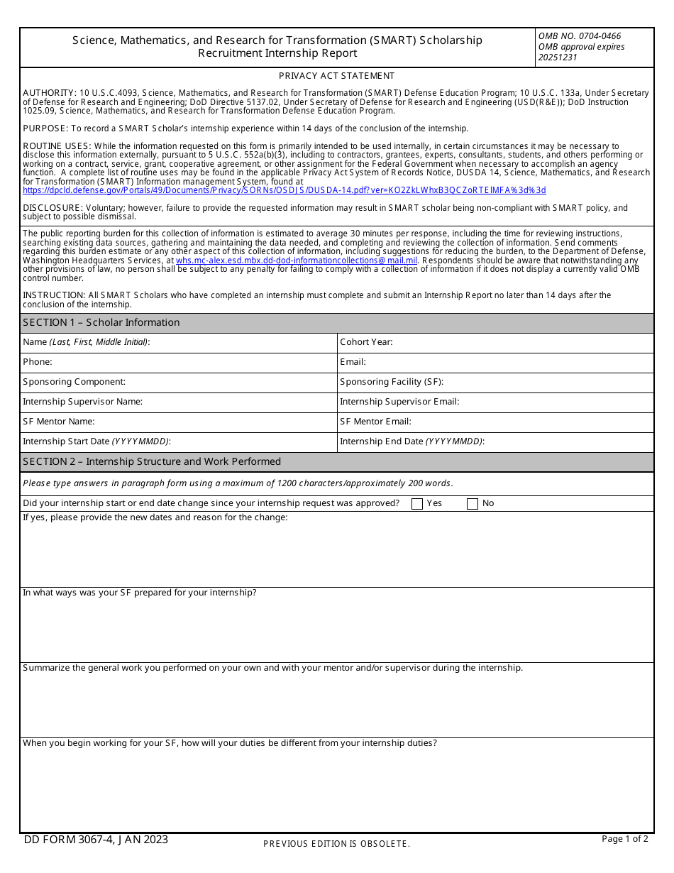 DD Form 3067-4 Science, Mathematics, and Research for Transformation (Smart) Scholarship Recruitment Internship Report, Page 1