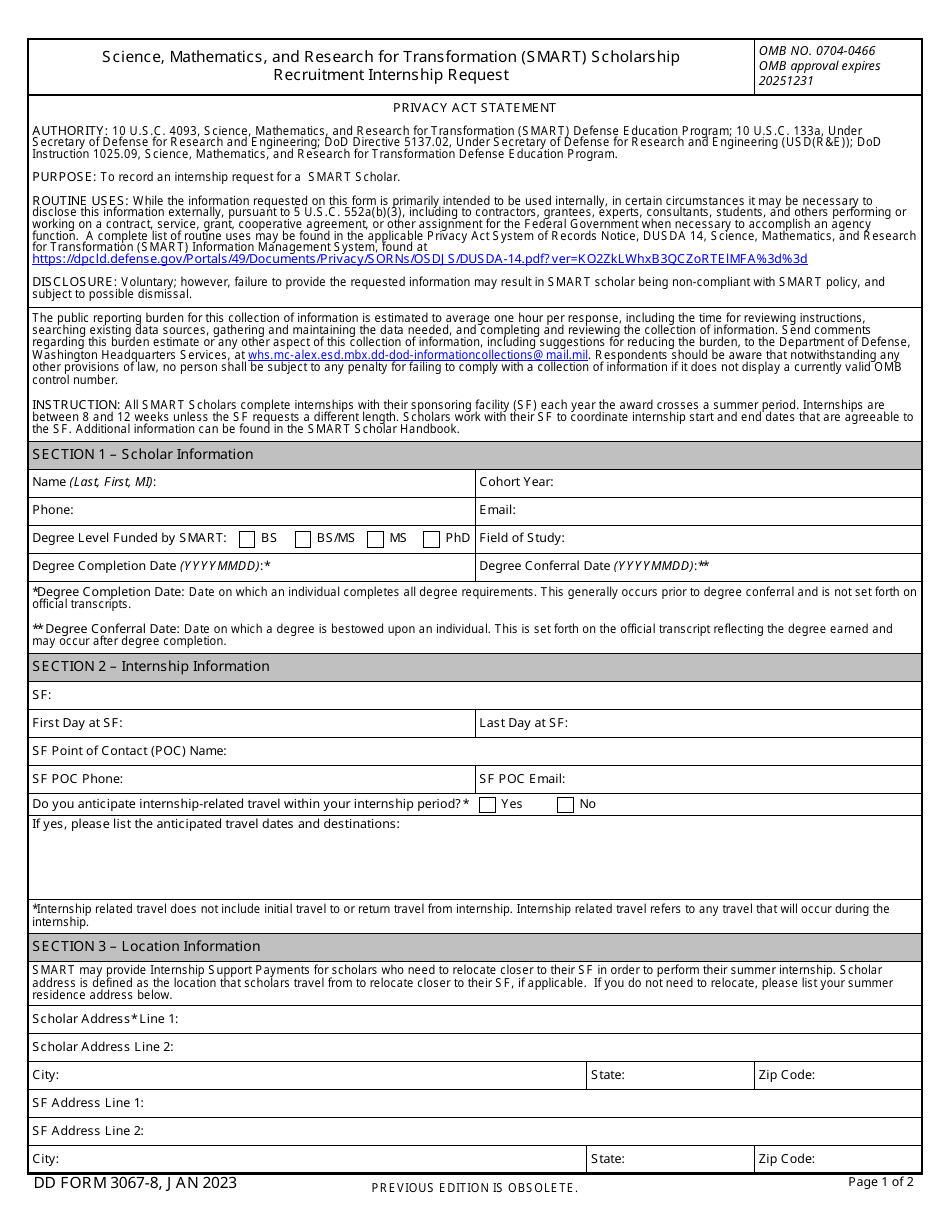 DD Form 3067-8 Science, Mathematics, and Research for Transformation (Smart) Scholarship Recruitment Internship Request, Page 1