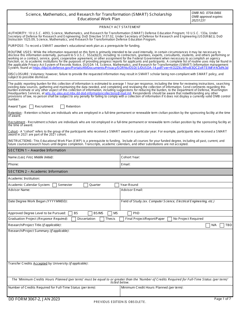 DD Form 3067-2 Science, Mathematics, and Research for Transformation (Smart) Scholarship Educational Work Plan, Page 1