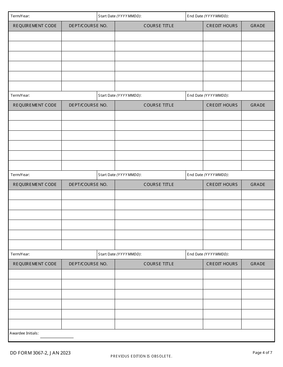 DD Form 3067-2 Science, Mathematics, and Research for Transformation (Smart) Scholarship Educational Work Plan, Page 4