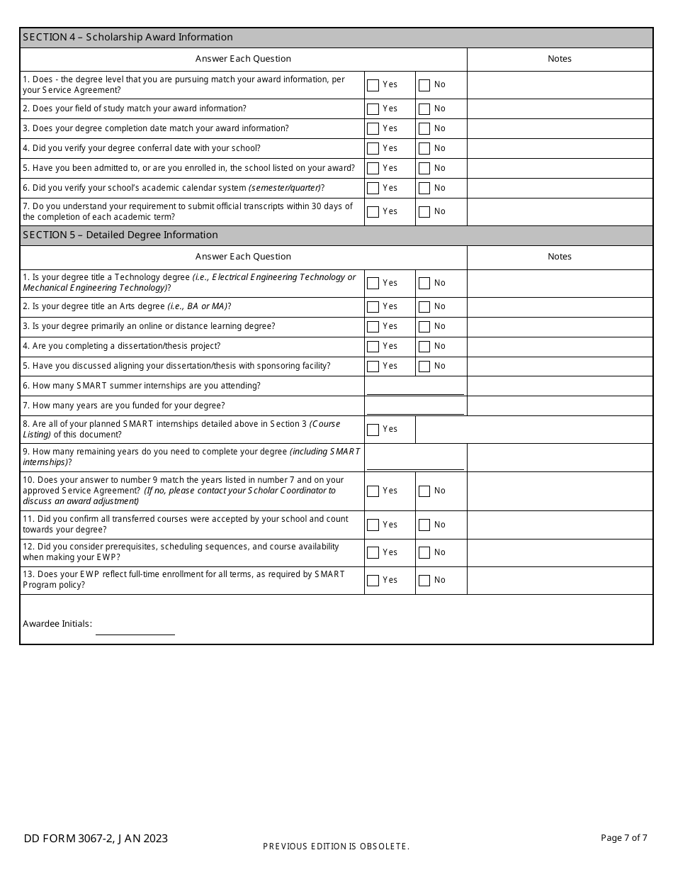 DD Form 3067-2 Science, Mathematics, and Research for Transformation (Smart) Scholarship Educational Work Plan, Page 7