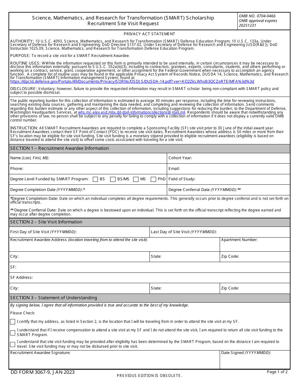 DD Form 3067-9 Science, Mathematics, and Research for Transformation (Smart) Scholarship Recruitment Site Visit Request, Page 1