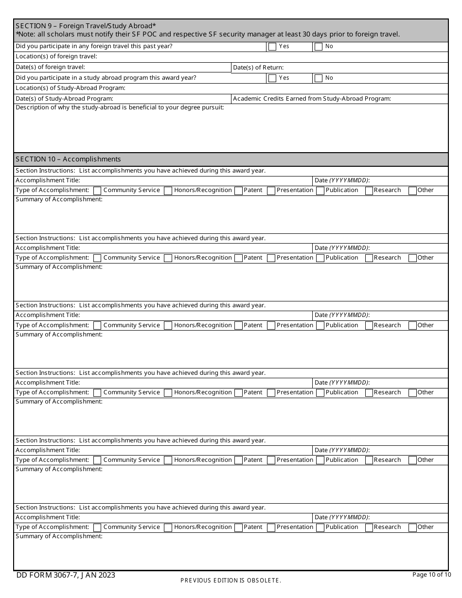 DD Form 3067-7 Science, Mathematics, and Research for Transformation (Smart) Scholarship Phase 1 Annual Report, Page 10