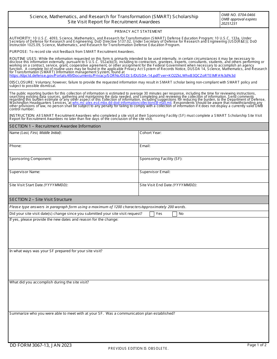 DD Form 3067-13 Science, Mathematics, and Research for Transformation (Smart) Scholarship Site Visit Report for Recruitment Awardees, Page 1