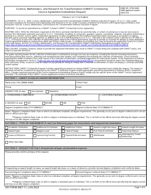 DD Form 3067-11 Science, Mathematics, and Research for Transformation (Smart) Scholarship Service Agreement Amendment Request