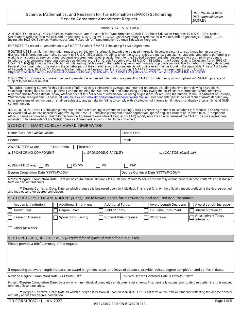 DD Form 3067-11 Science, Mathematics, and Research for Transformation (Smart) Scholarship Service Agreement Amendment Request, Page 1