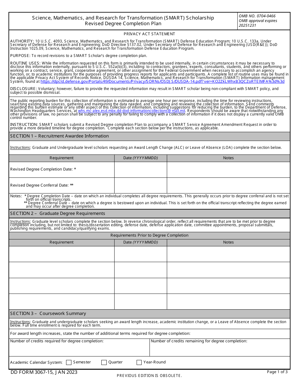 DD Form 3067-15 Science, Mathematics, and Research for Transformation (Smart) Scholarship Revised Degree Completion Plan, Page 1