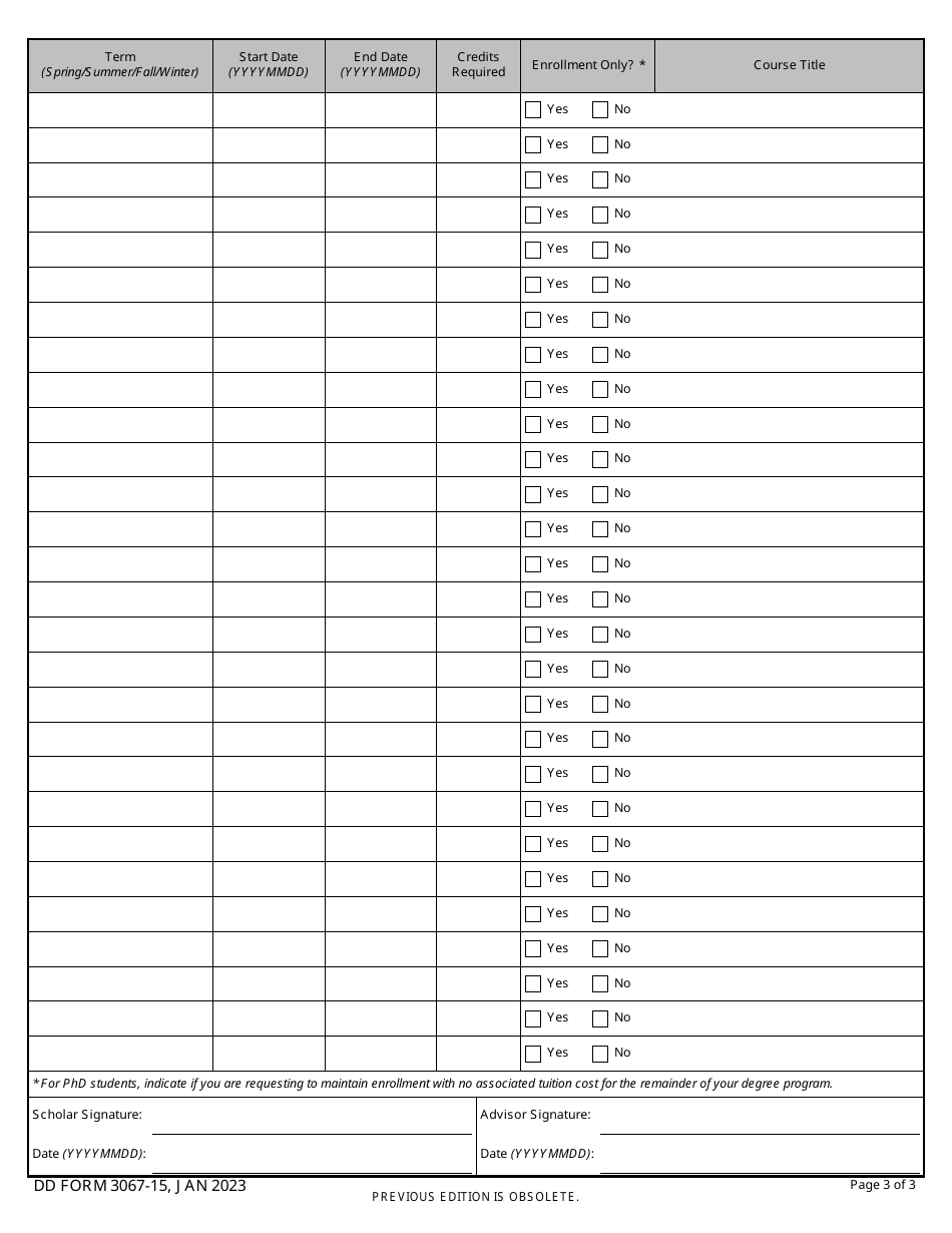 DD Form 3067-15 Science, Mathematics, and Research for Transformation (Smart) Scholarship Revised Degree Completion Plan, Page 3