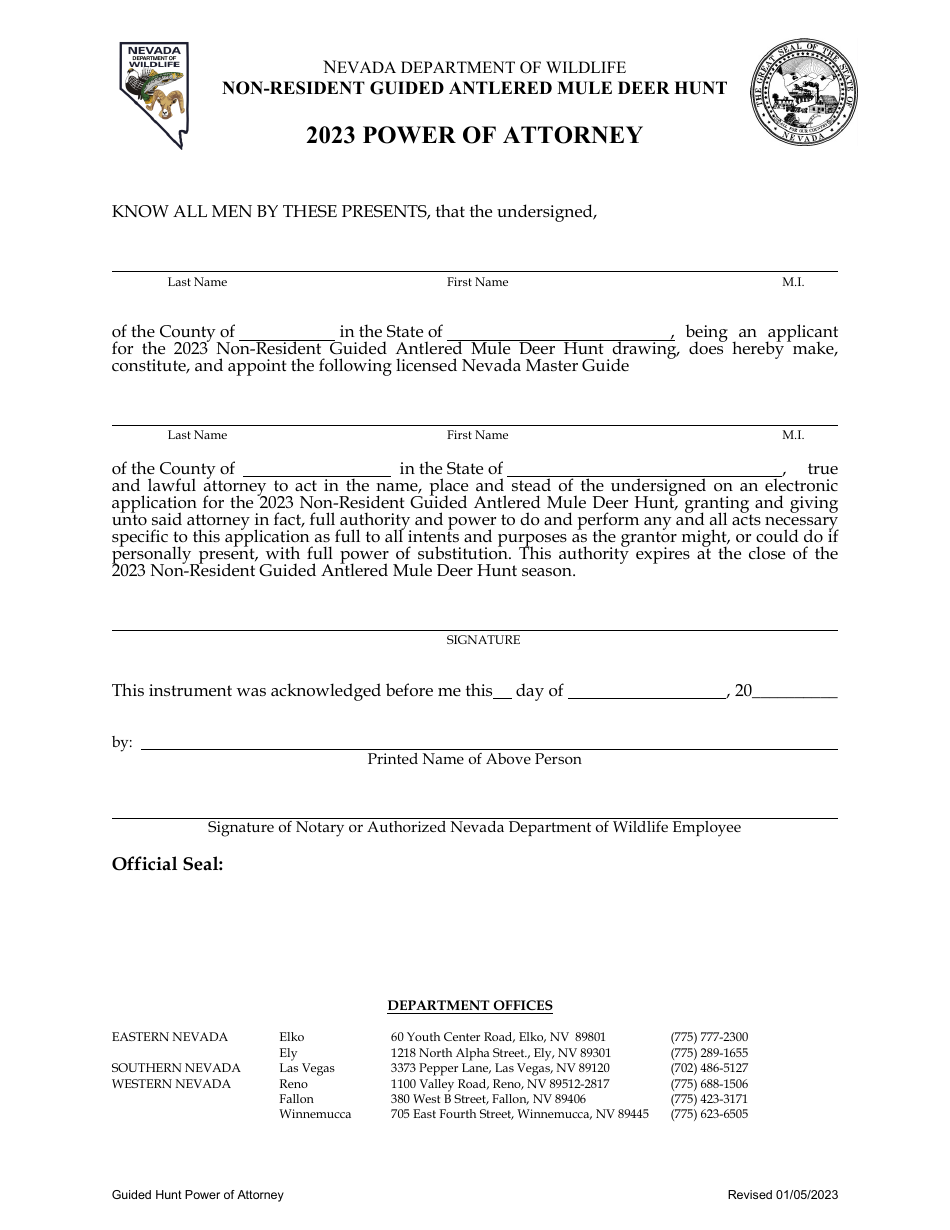 Power of Attorney - Non-resident Guided Antlered Mule Deer Hunt - Nevada, Page 1