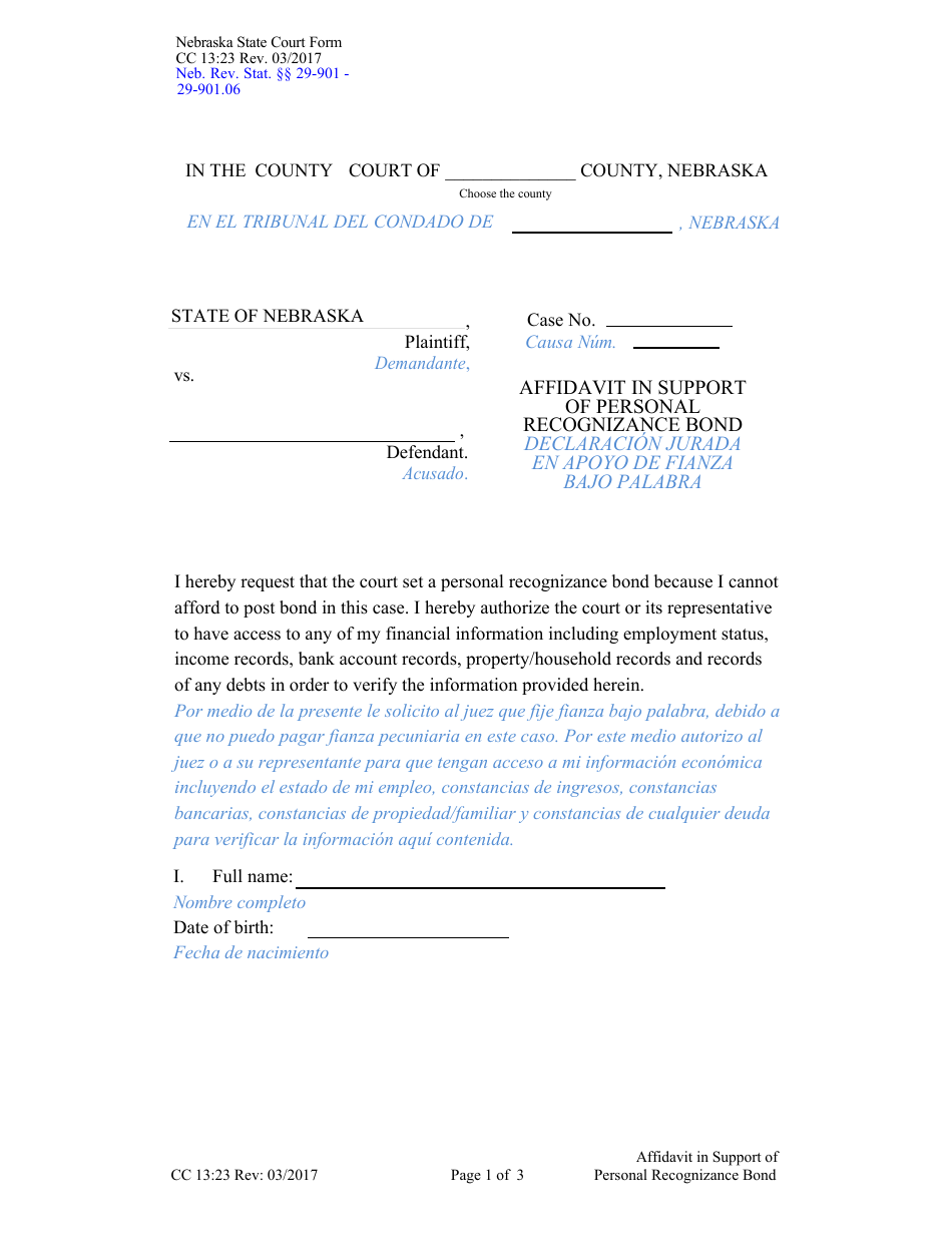 Form CC13:23 Affidavit in Support of Personal Recognizance Bond - Nebraska (English / Spanish), Page 1