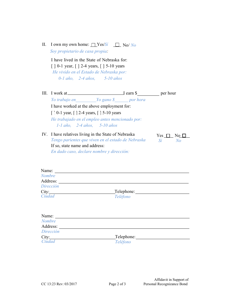 Form CC13:23 Affidavit in Support of Personal Recognizance Bond - Nebraska (English / Spanish), Page 2