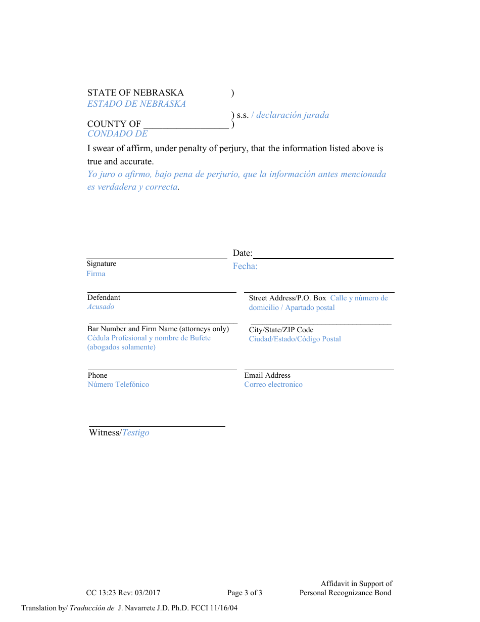 Form CC13:23 Affidavit in Support of Personal Recognizance Bond - Nebraska (English / Spanish), Page 3