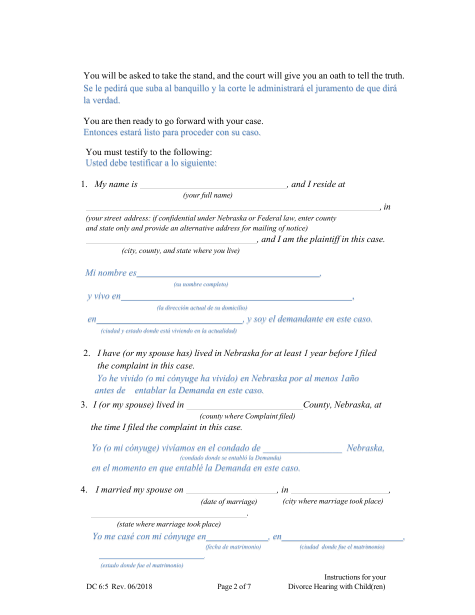 Form DC6:5 Instructions for Your Divorce Hearing (With Child(Ren)) - Nebraska (English / Spanish), Page 2