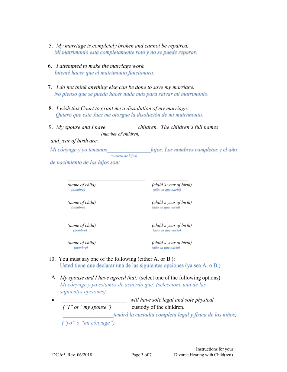 Form DC6:5 Instructions for Your Divorce Hearing (With Child(Ren)) - Nebraska (English / Spanish), Page 3