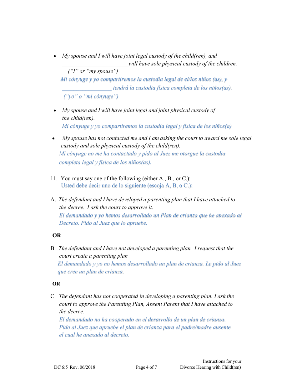 Form DC6:5 Instructions for Your Divorce Hearing (With Child(Ren)) - Nebraska (English / Spanish), Page 4
