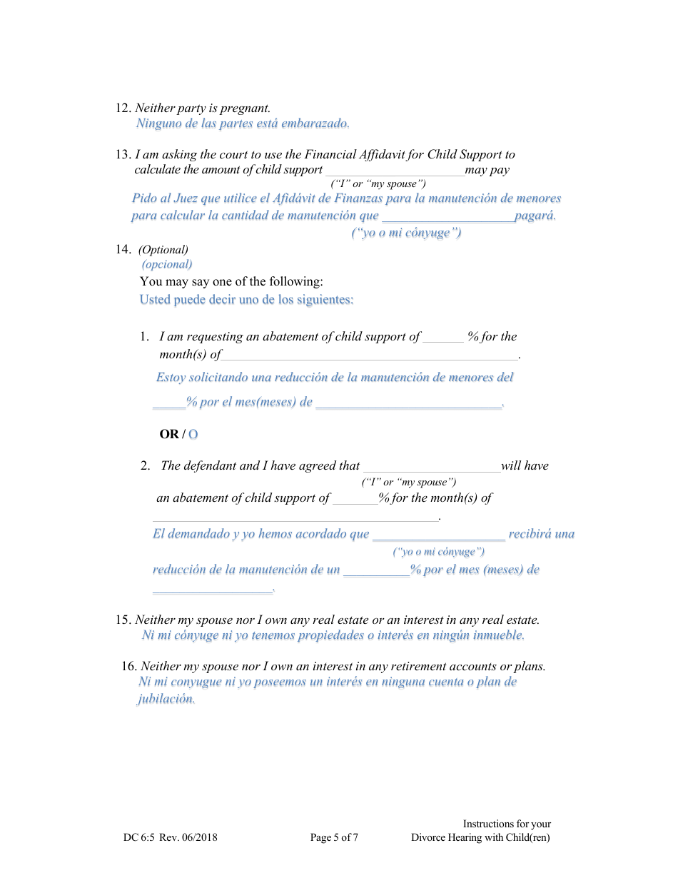 Form DC6:5 Instructions for Your Divorce Hearing (With Child(Ren)) - Nebraska (English / Spanish), Page 5