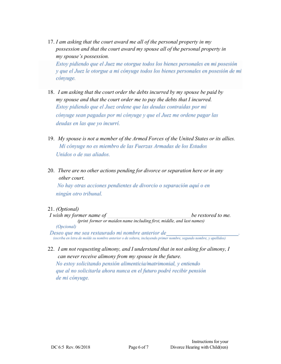 Form DC6:5 Instructions for Your Divorce Hearing (With Child(Ren)) - Nebraska (English / Spanish), Page 6