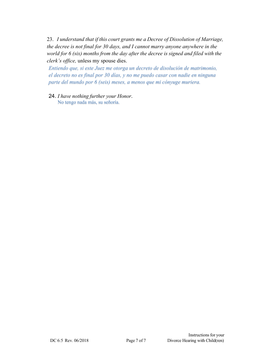 Form DC6:5 Instructions for Your Divorce Hearing (With Child(Ren)) - Nebraska (English / Spanish), Page 7