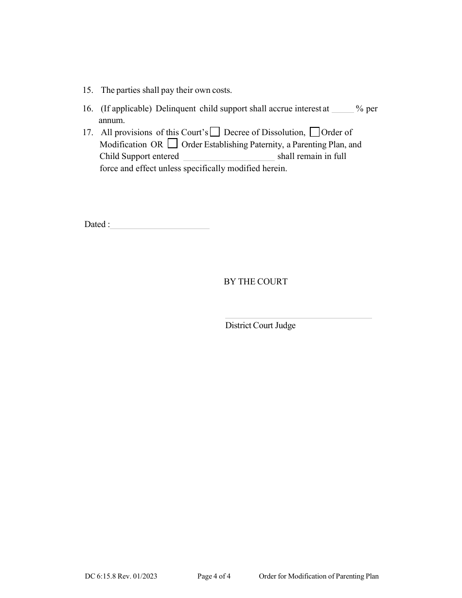 Form DC6:15.8 Order for Modification (Parenting Plan) - Nebraska, Page 4