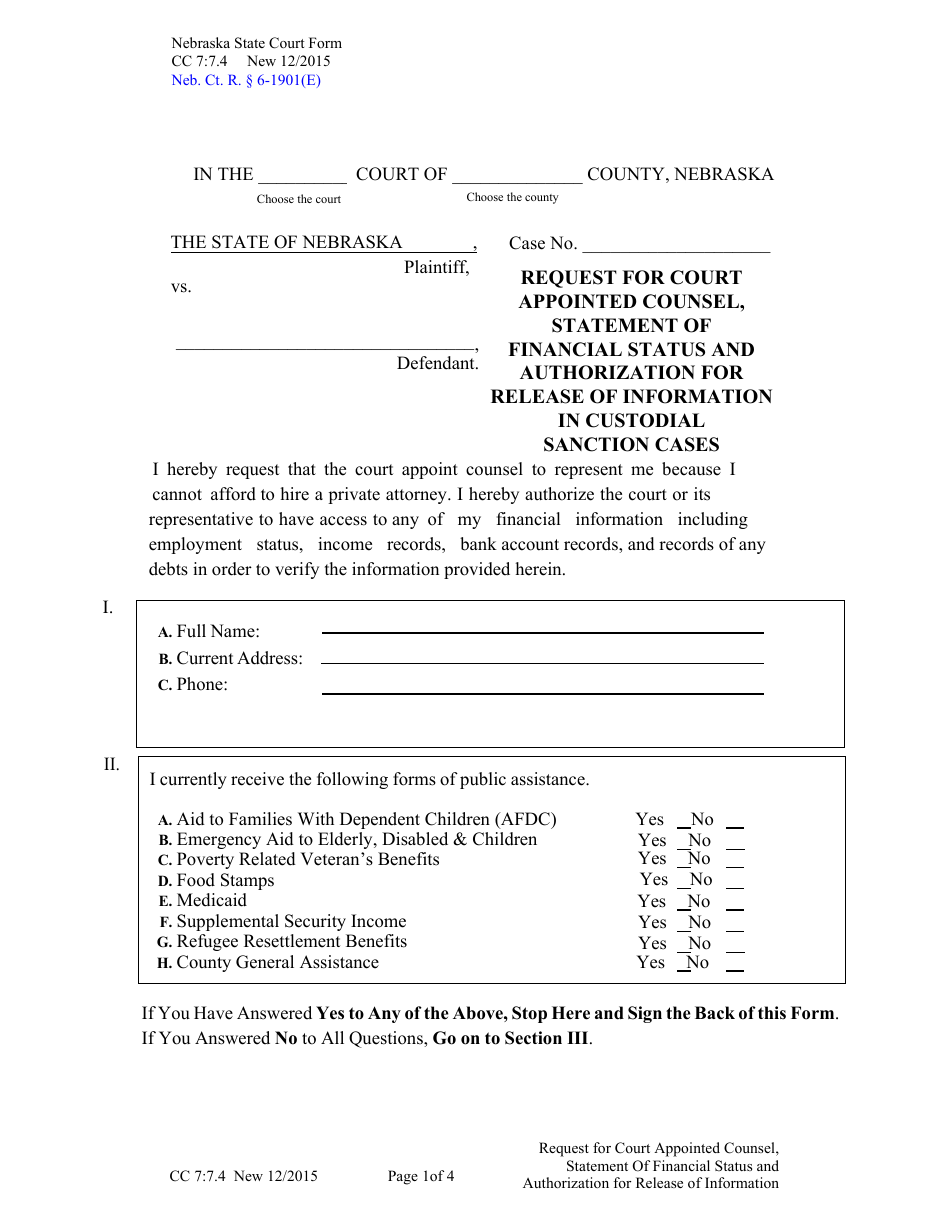 Form CC7:7.4 Request for Court Appointed Counsel, Statement of Financial Status and Authorization for Release of Information in Custodial Sanction Cases - Nebraska, Page 1