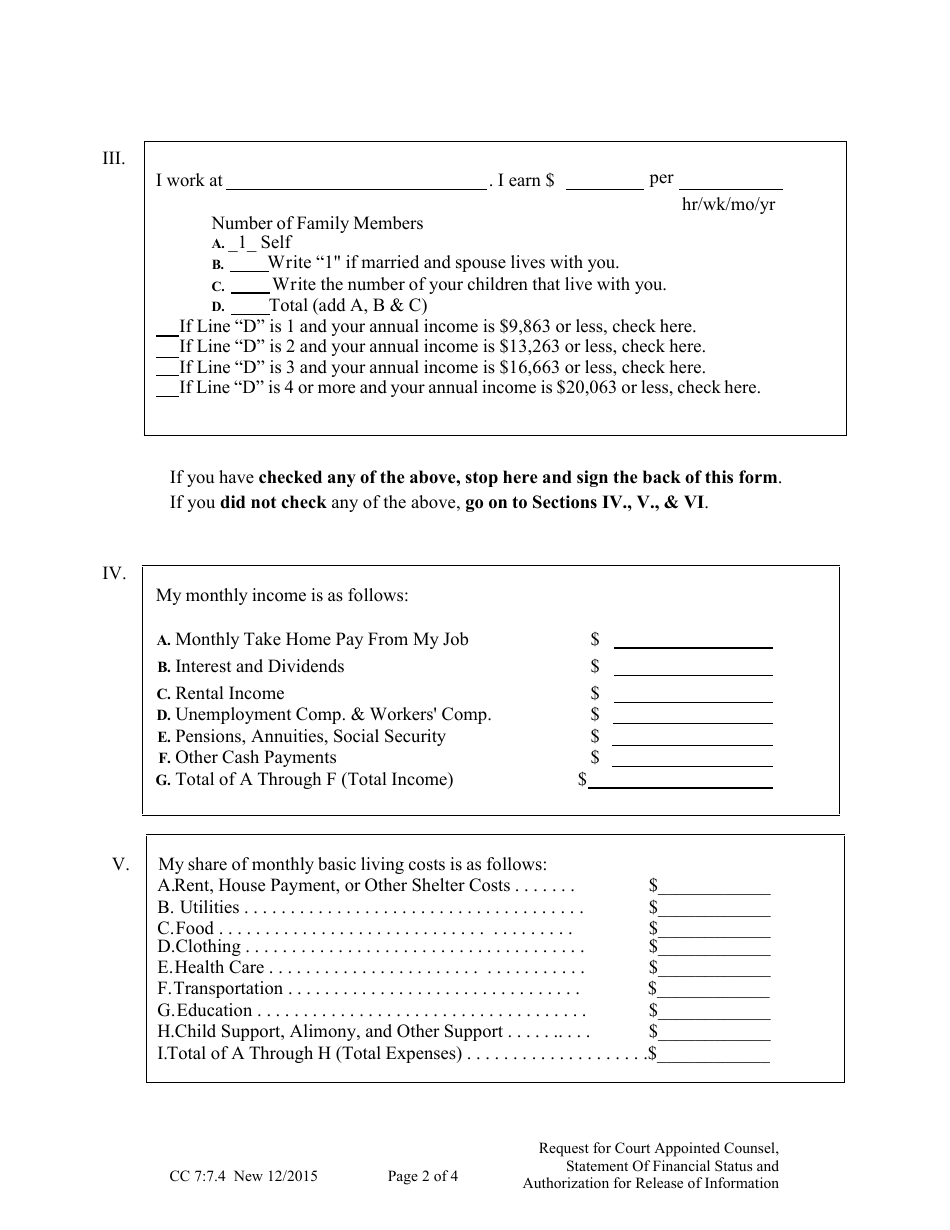 Form CC7:7.4 Request for Court Appointed Counsel, Statement of Financial Status and Authorization for Release of Information in Custodial Sanction Cases - Nebraska, Page 2