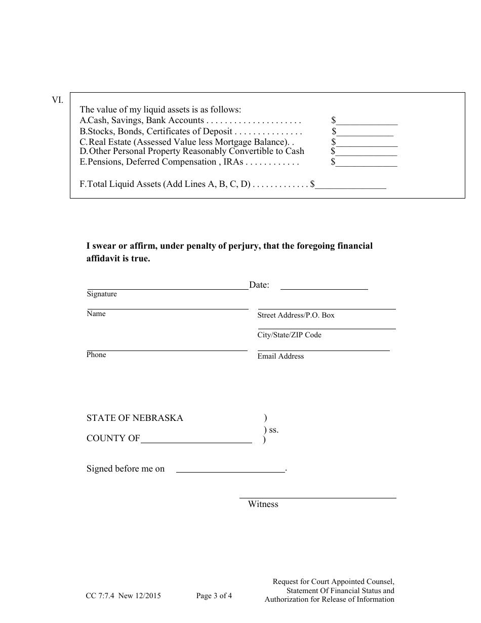 Form CC7:7.4 Request for Court Appointed Counsel, Statement of Financial Status and Authorization for Release of Information in Custodial Sanction Cases - Nebraska, Page 3