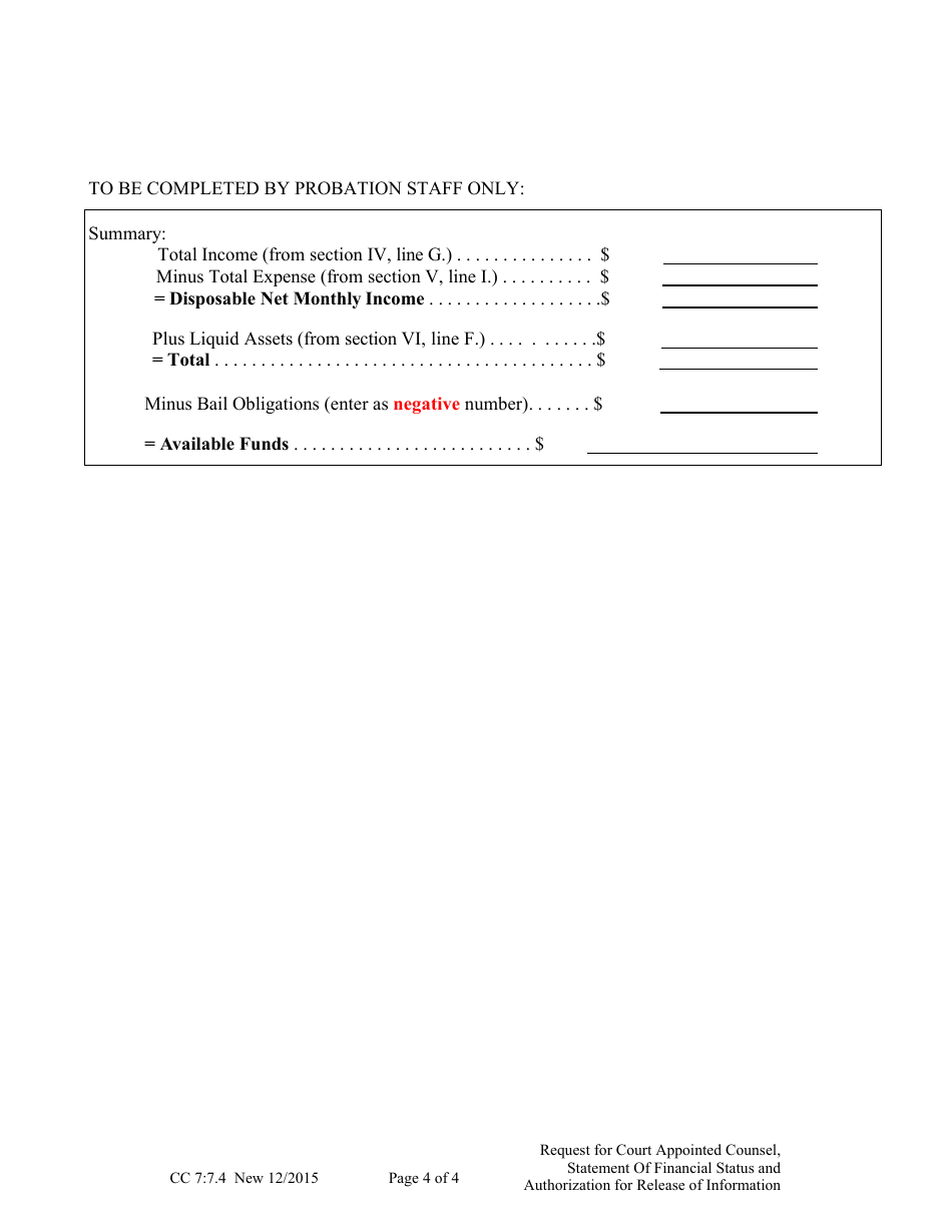 Form CC7:7.4 Request for Court Appointed Counsel, Statement of Financial Status and Authorization for Release of Information in Custodial Sanction Cases - Nebraska, Page 4