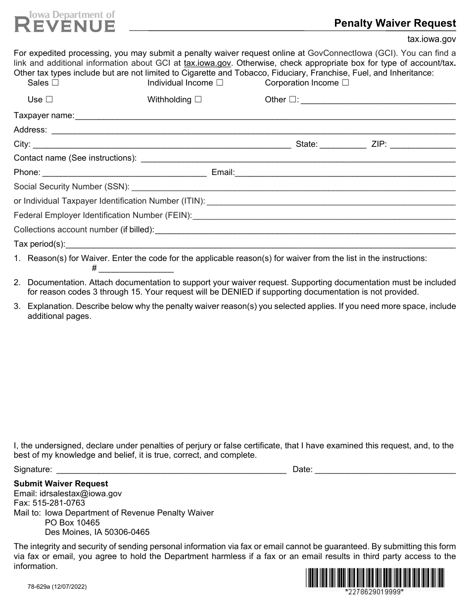 Form 78-629 Penalty Waiver Request - Iowa, Page 1