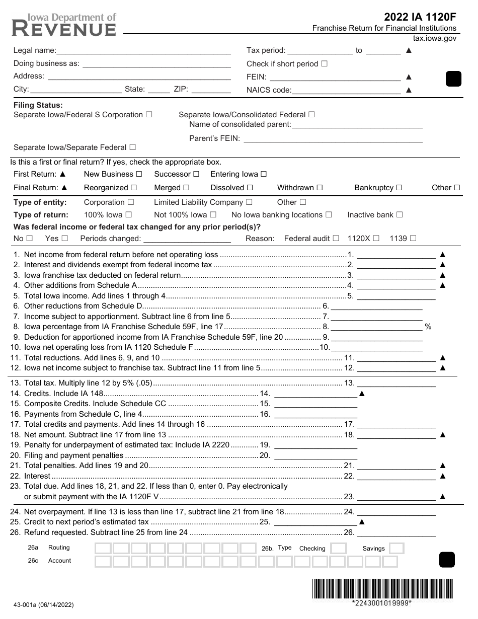 Form IA1120F (43-001) Franchise Return for Financial Institutions - Iowa, Page 1