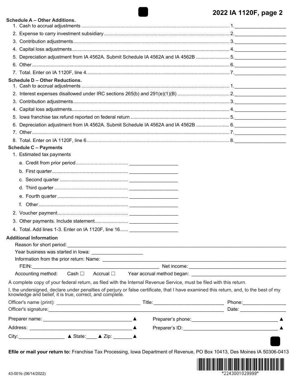 Form IA1120F (43-001) Franchise Return for Financial Institutions - Iowa, Page 2