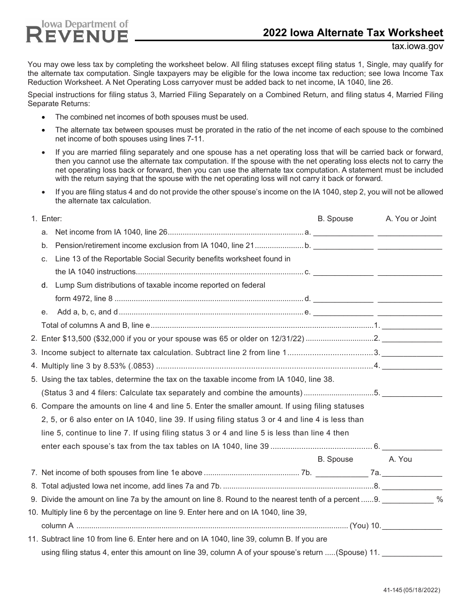 Form 41-145 Iowa Alternate Tax Worksheet - Iowa, Page 1