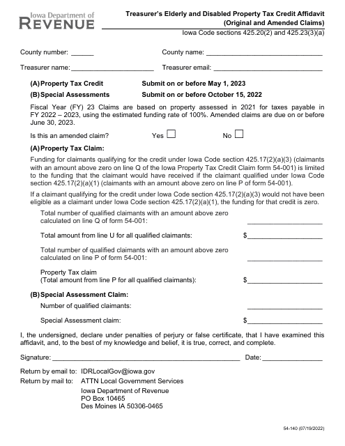 Form 54-140 Treasurer&#039;s Elderly and Disabled Property Tax Credit Affidavit (Original and Amended Claims) - Iowa, 2023