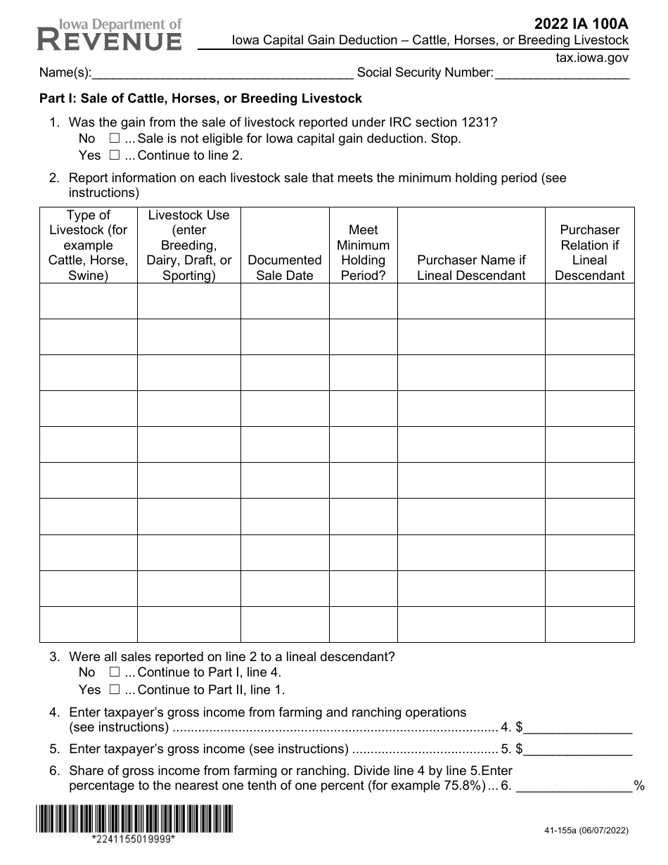 Form Ia100a 41 155 Download Fillable Pdf Or Fill Online Iowa Capital Gain Deduction Cattle 9564