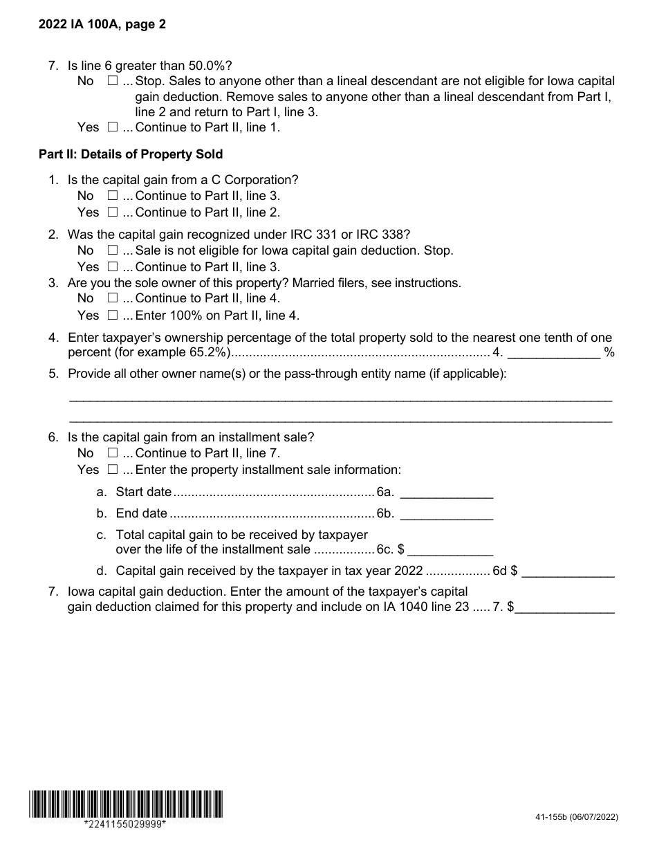 Form IA100A (41-155) Iowa Capital Gain Deduction - Cattle, Horses, or Breeding Livestock - Iowa, Page 2