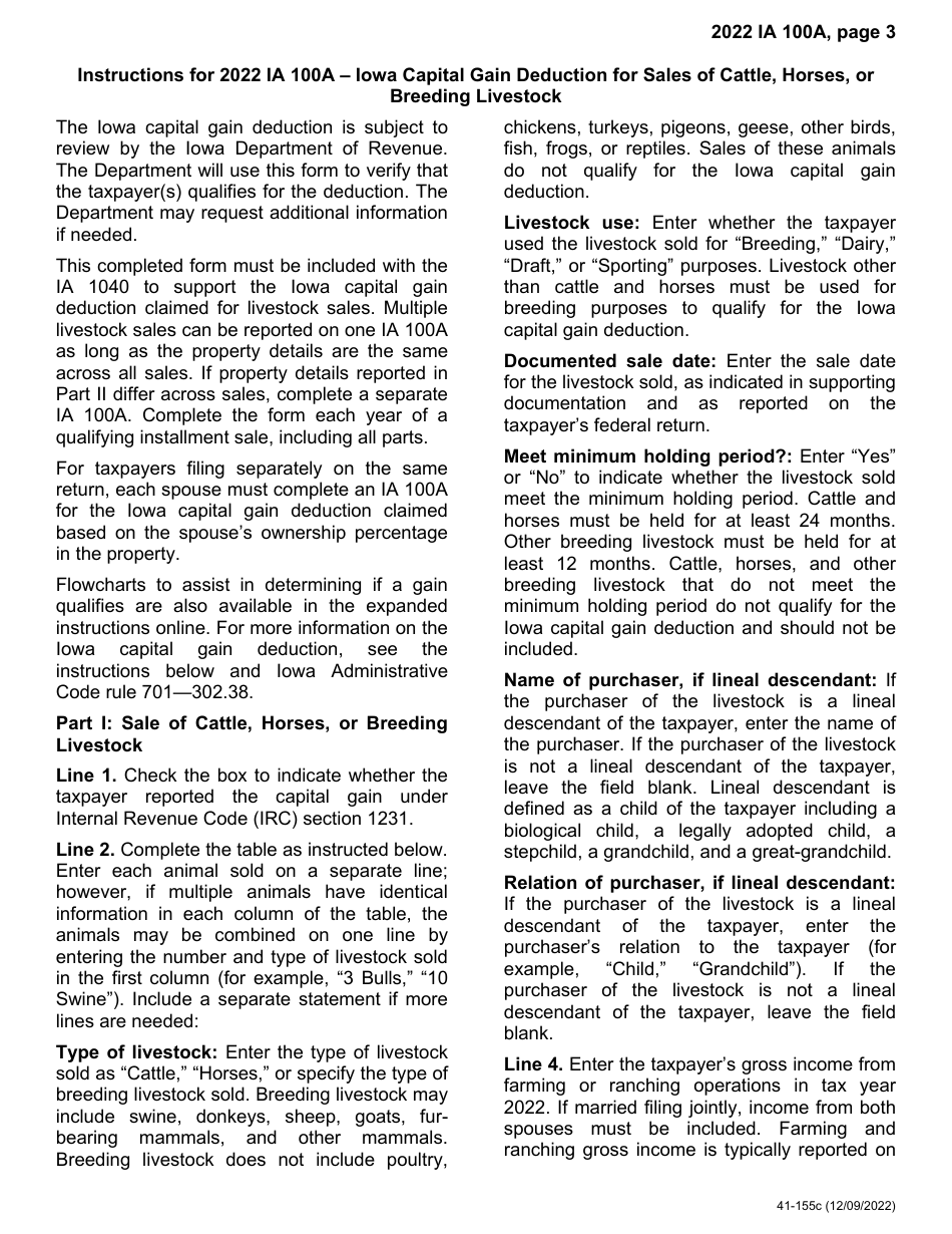 Form IA100A (41-155) Iowa Capital Gain Deduction - Cattle, Horses, or Breeding Livestock - Iowa, Page 3
