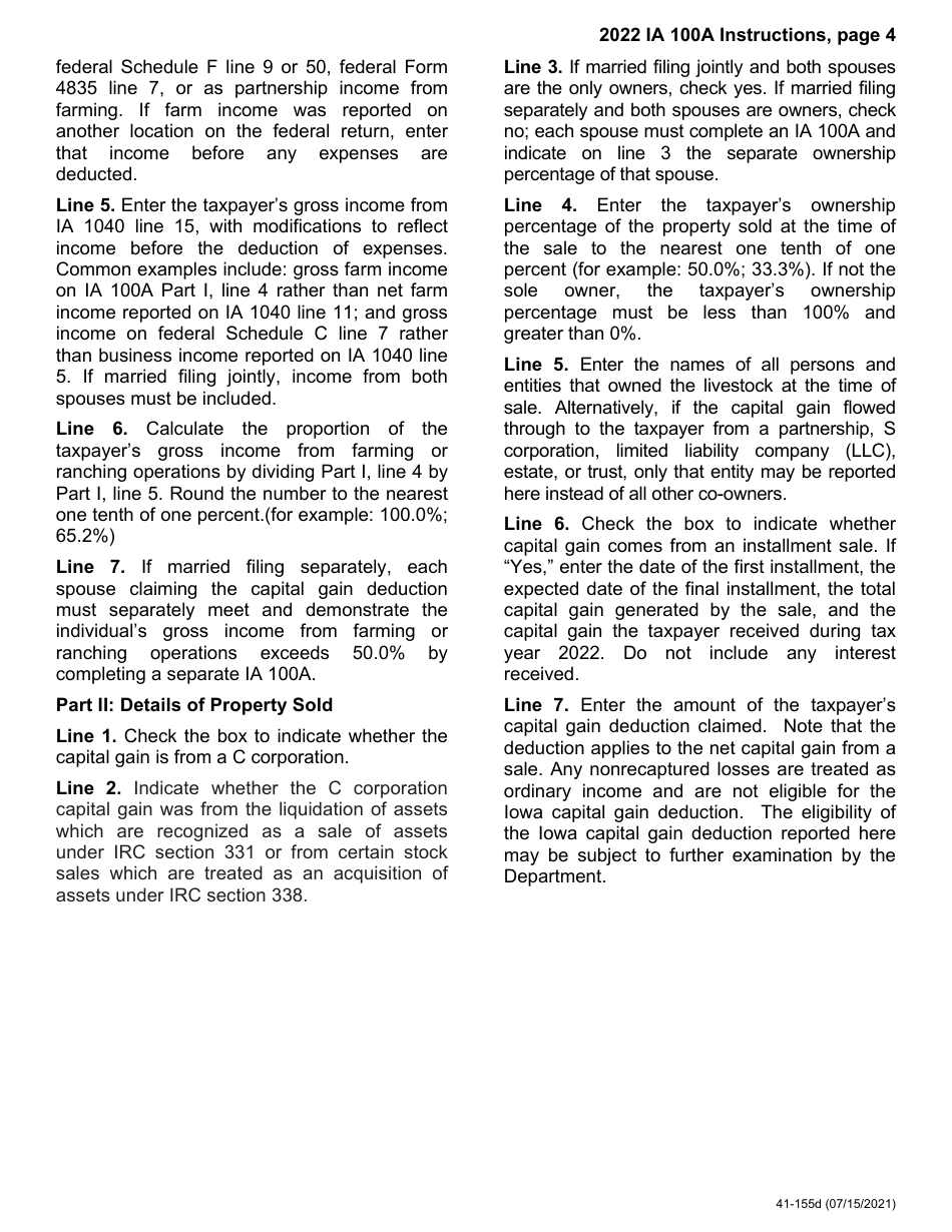 Form IA100A (41-155) Iowa Capital Gain Deduction - Cattle, Horses, or Breeding Livestock - Iowa, Page 4