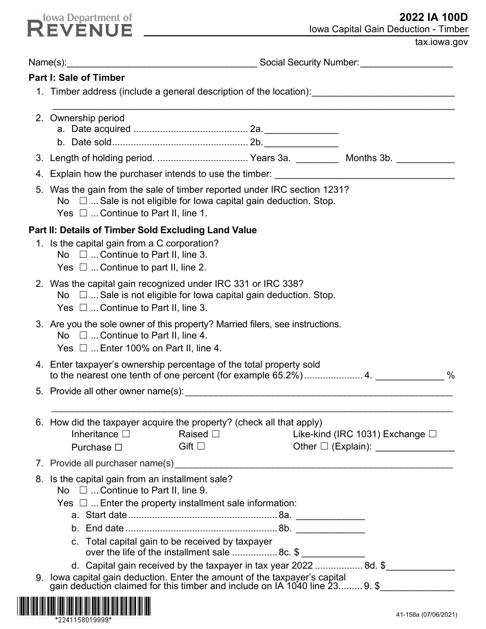 Form IA100D (41-158) Iowa Capital Gain Deduction - Timber - Iowa, Page 1
