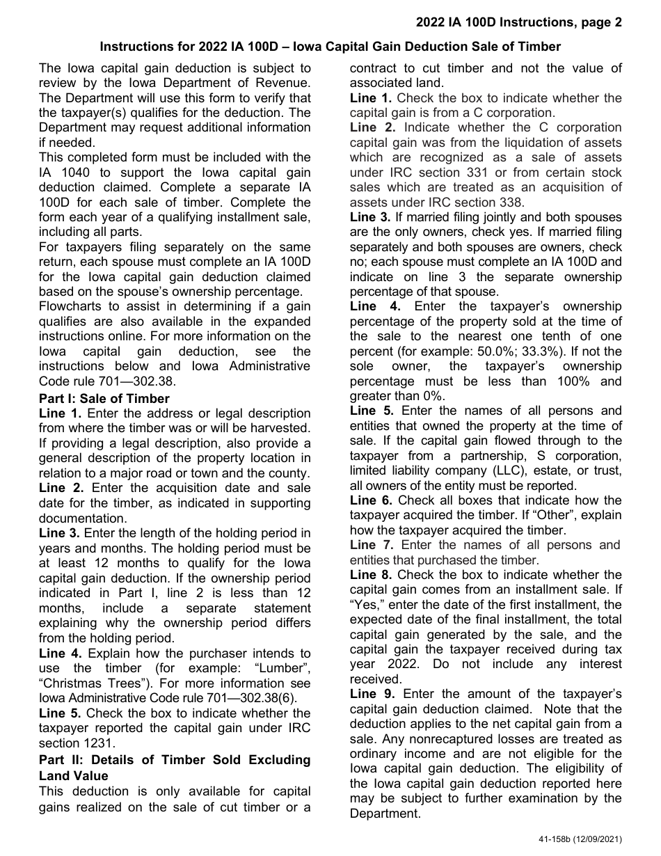 Form IA100D (41-158) Iowa Capital Gain Deduction - Timber - Iowa, Page 2