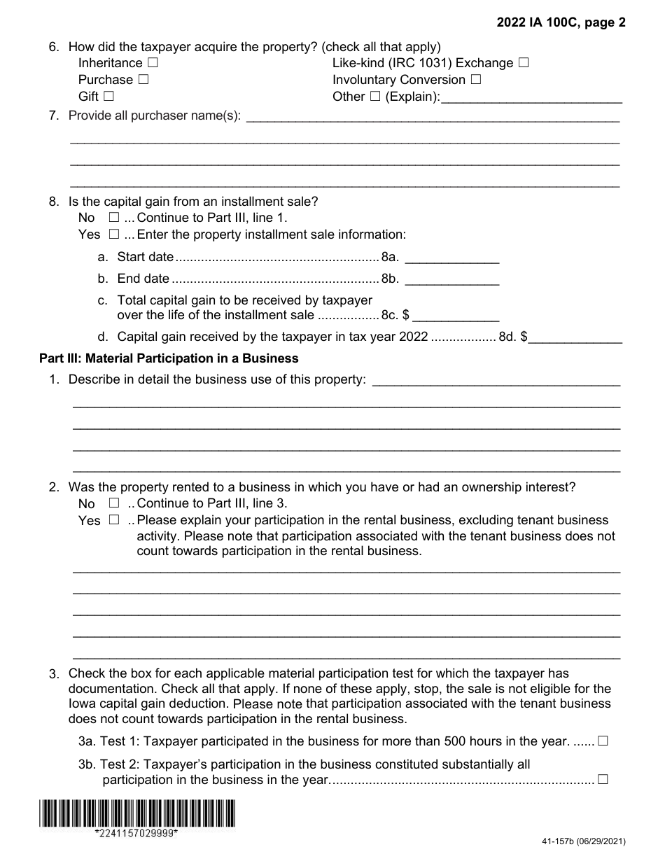 Form IA100C (41-157) Iowa Capital Gain Deduction - Real Property Used in a Non-farm Business - Iowa, Page 2