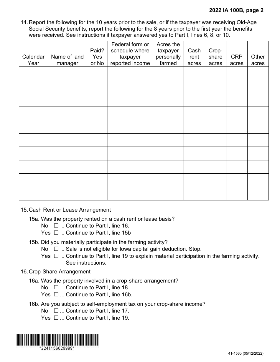 Form IA100B (41-156) Iowa Capital Gain Deduction - Real Property Used in a Farm Business - Iowa, Page 2
