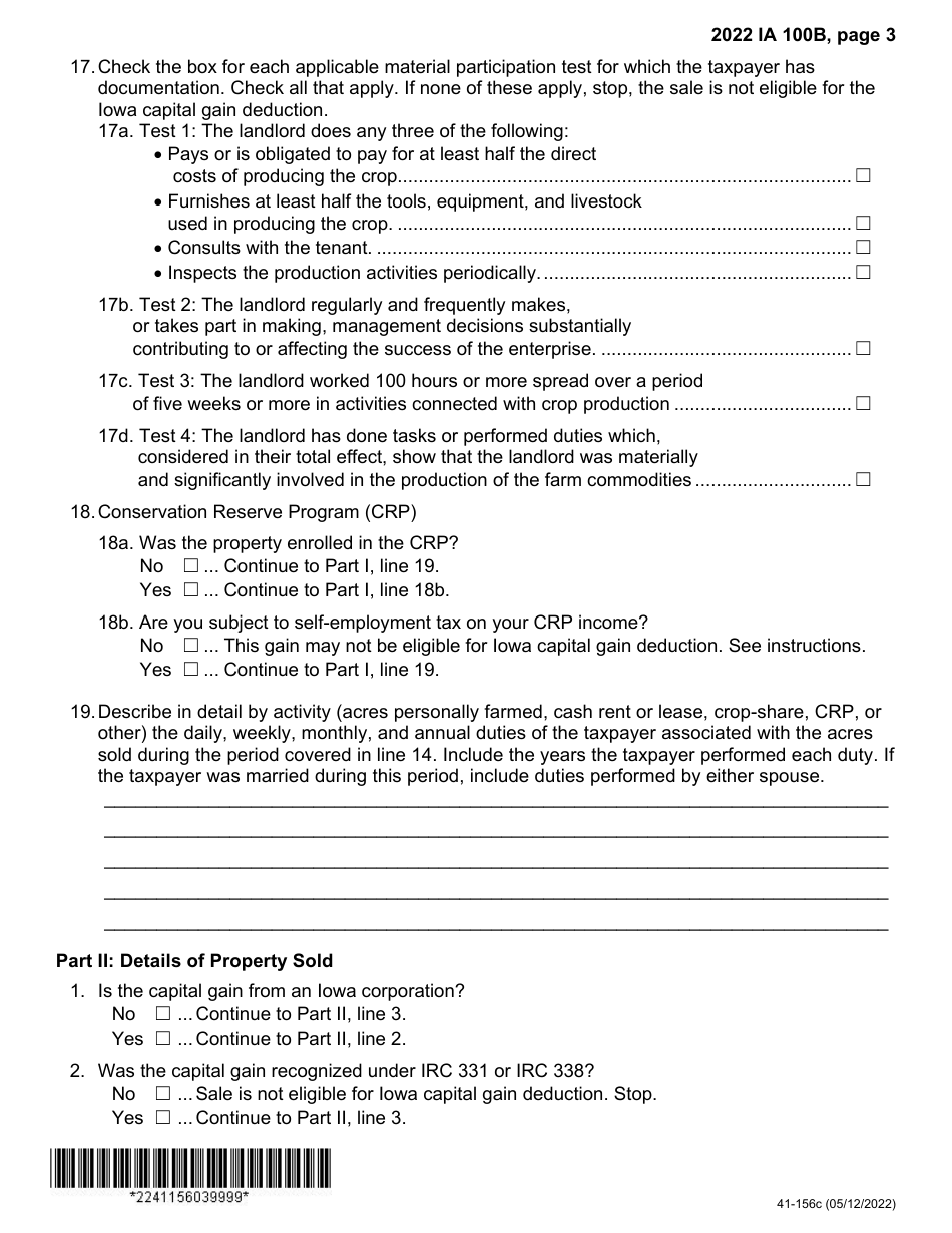 Form IA100B (41-156) Iowa Capital Gain Deduction - Real Property Used in a Farm Business - Iowa, Page 3