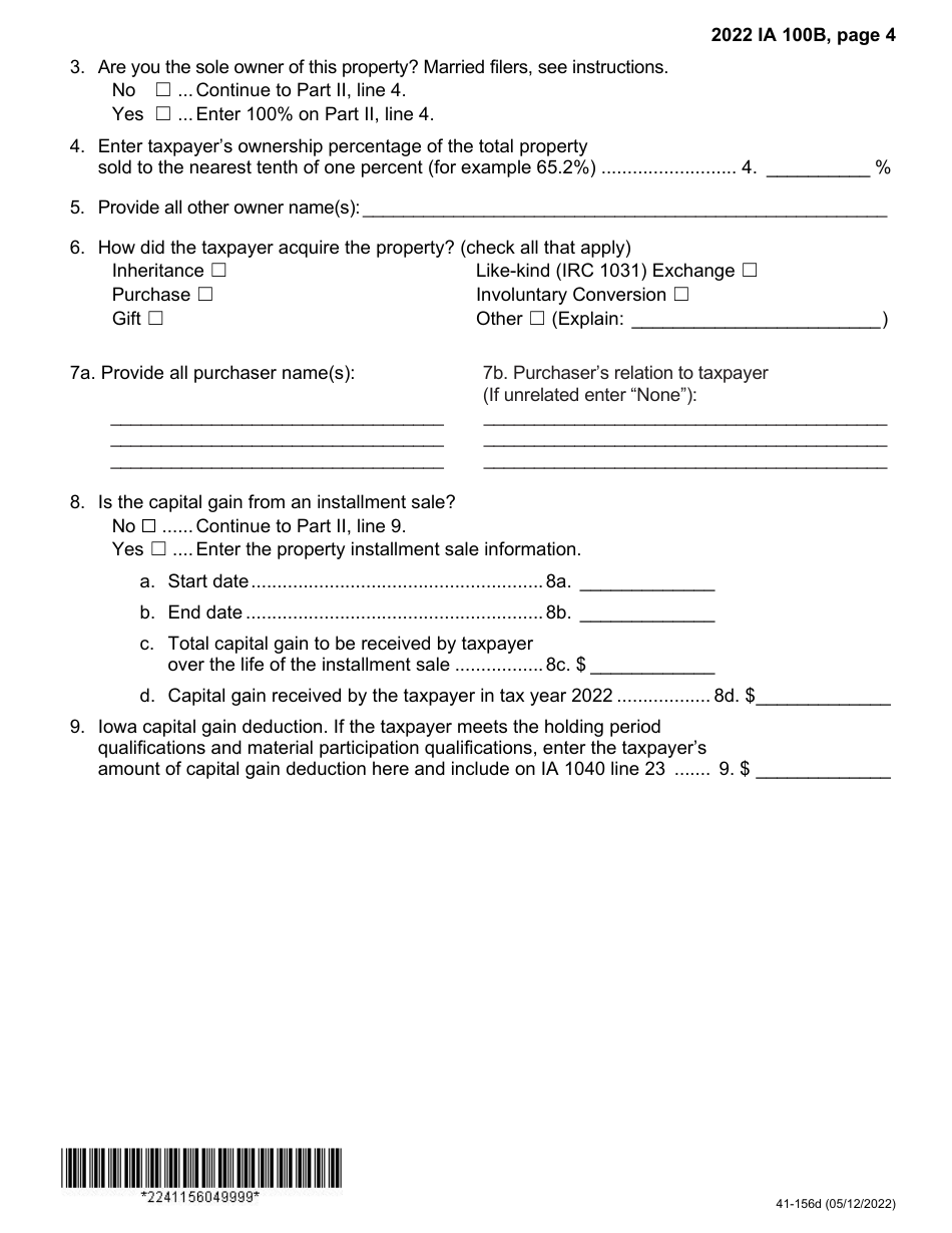 Form Ia100b 41 156 Download Fillable Pdf Or Fill Online Iowa Capital Gain Deduction Real 7622