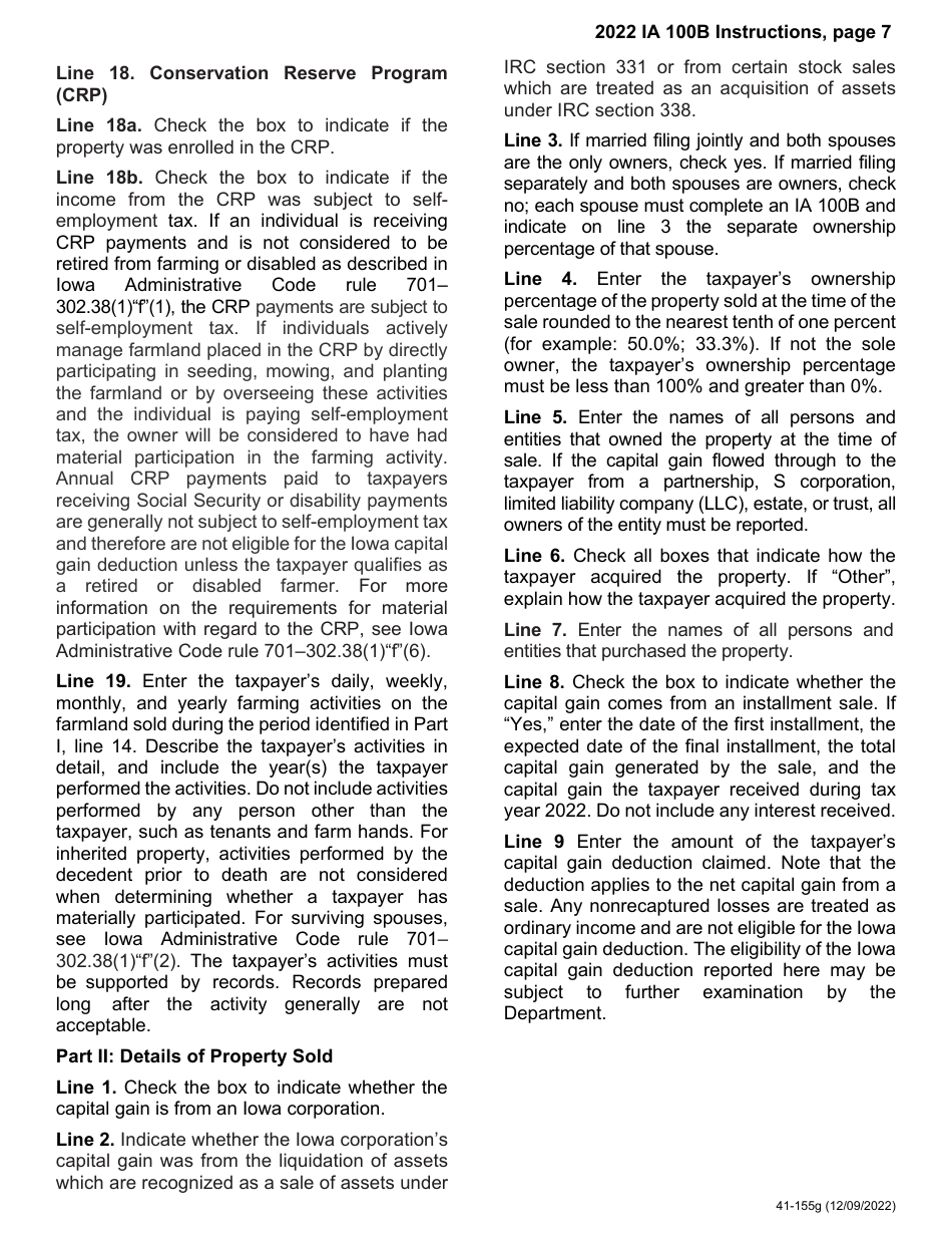 Form IA100B (41-156) Iowa Capital Gain Deduction - Real Property Used in a Farm Business - Iowa, Page 7
