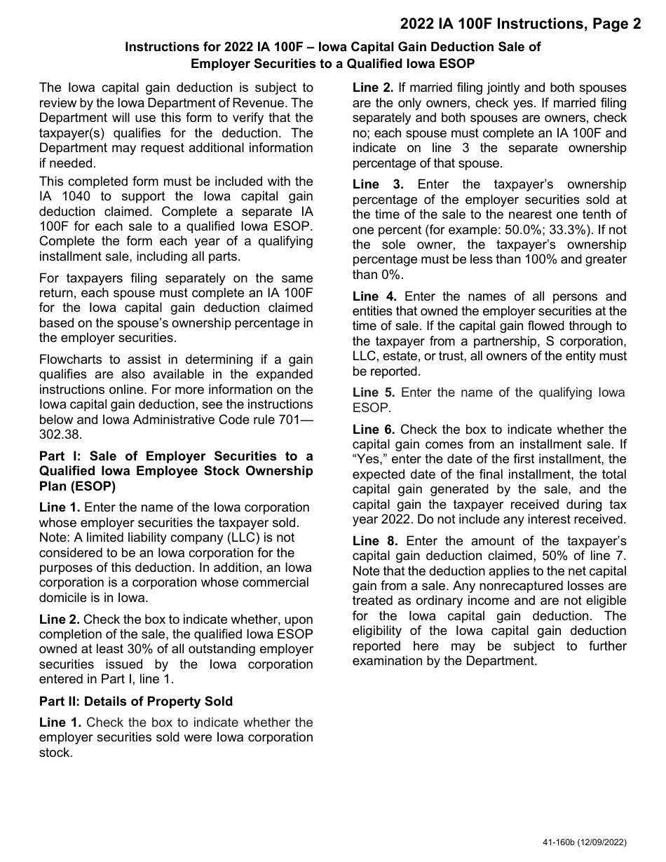 Form IA100F (41-160) Iowa Capital Gain Deduction - Esop - Iowa, Page 2