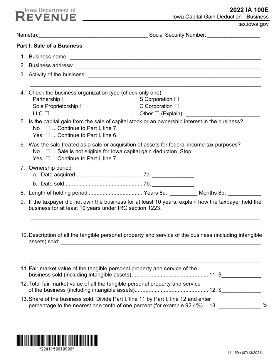 Form IA100E (41-159) Iowa Capital Gain Deduction - Business - Iowa, Page 1