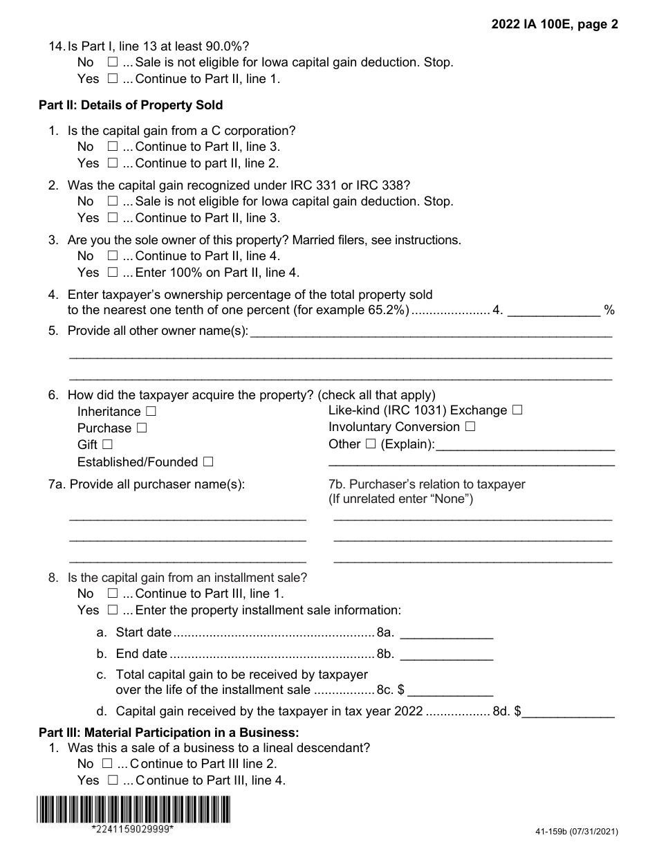 Form Ia100e 41 159 Download Fillable Pdf Or Fill Online Iowa Capital Gain Deduction Business 6196