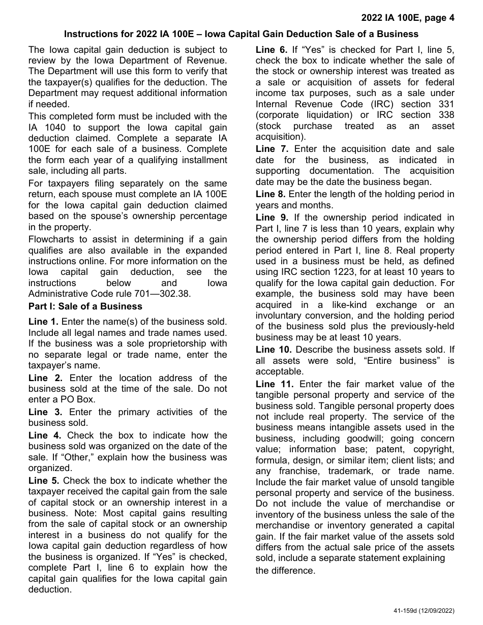 Form Ia100e 41 159 Download Fillable Pdf Or Fill Online Iowa Capital Gain Deduction Business 0279