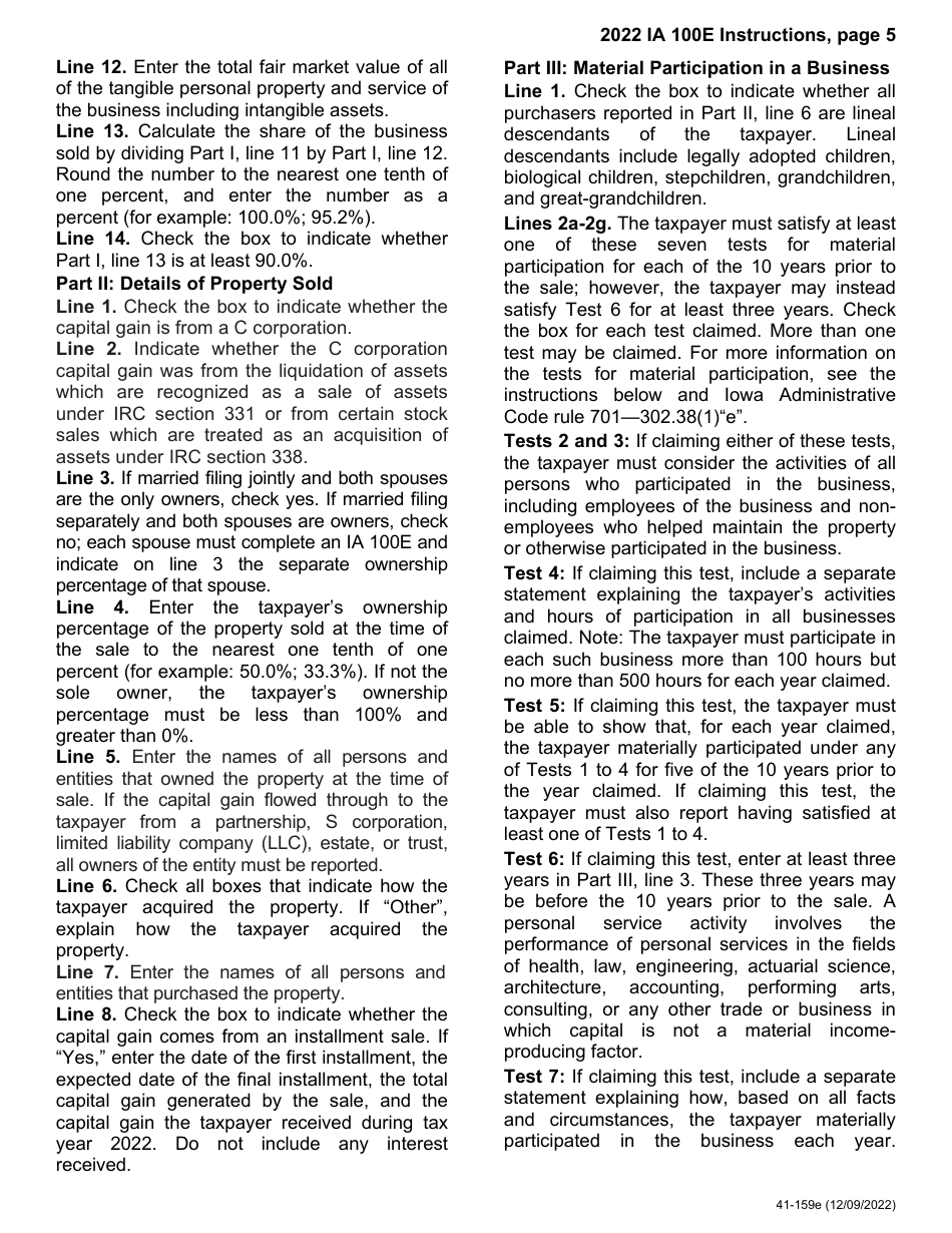 Form IA100E (41-159) Iowa Capital Gain Deduction - Business - Iowa, Page 5