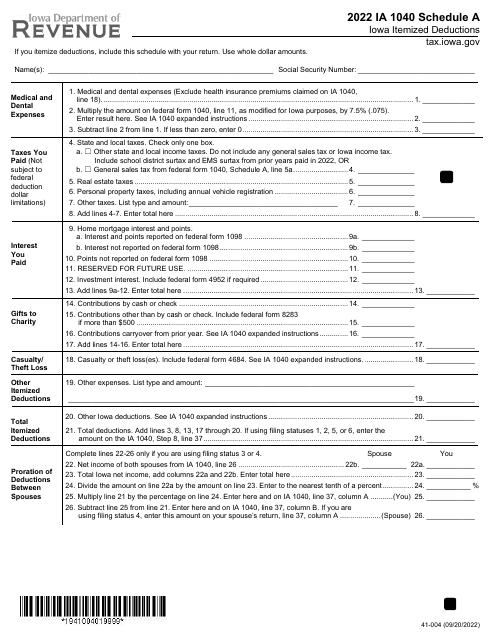 Form IA1040 (41-004) Schedule A Iowa Itemized Deductions - Iowa, 2022